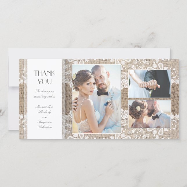 Cartão De Agradecimento Burlap e Lace Foto Casamento Obrigado (Frente)