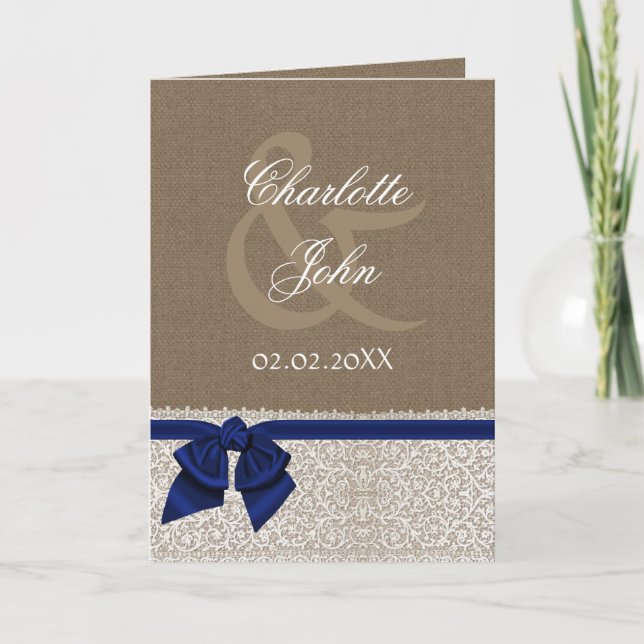 Cartão De Agradecimento Burlap FAUX, azul marinho e rendas brancas Obrigad (Frente)