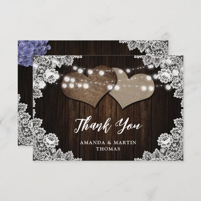 Cartão De Agradecimento Burlap Lace Wood Rustic Purple Blue Floral Wedding (Frente/Verso)