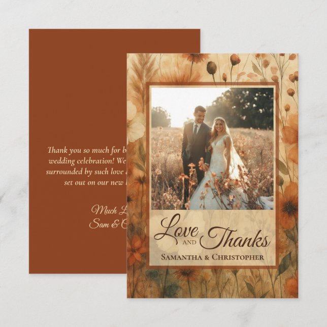 Cartão De Agradecimento Burnt Sienna Boho Wildflowers Photo & Note Wedding (Frente/Verso)