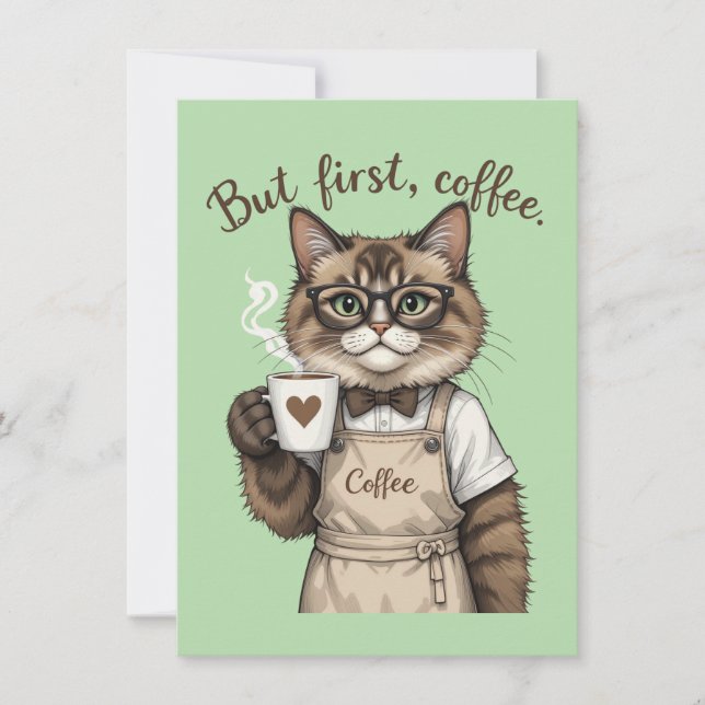 Cartão De Agradecimento But First, Coffee Cat (Frente)
