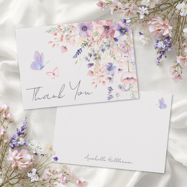 Cartão De Agradecimento Butterfly Blush Pink Purple Wildflower (Butterfly Blush Pink Purple Wildflower Thank You Card)
