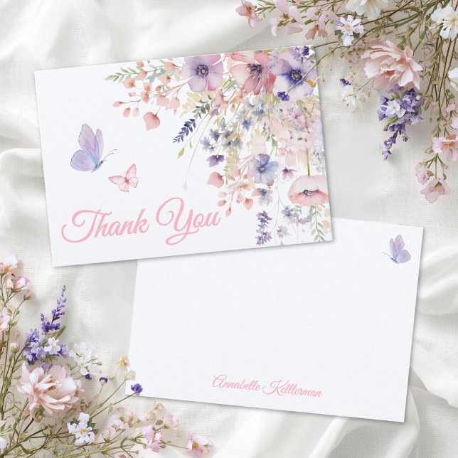 Cartão De Agradecimento Butterfly Blush Pink Purple Wildflower (Butterfly Blush Pink Purple Wildflower Thank You Card)