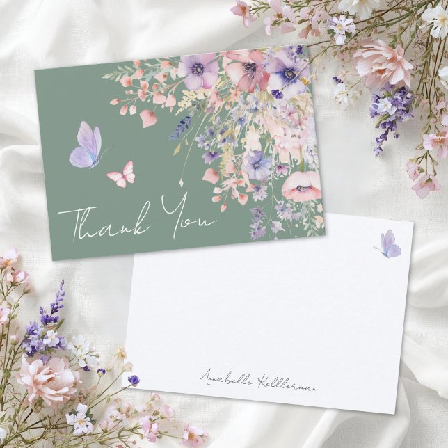 Cartão De Agradecimento Butterfly Sage Green Wildflower (Butterfly Sage Green Wildflower Thank You Card)