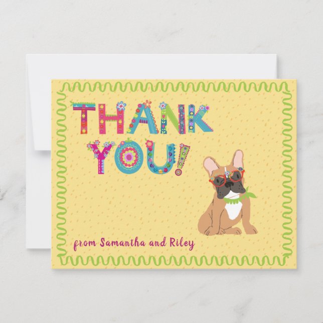 Cartão De Agradecimento Cachorro Francês Bonitinho Diversão Letras Florais (Frente)