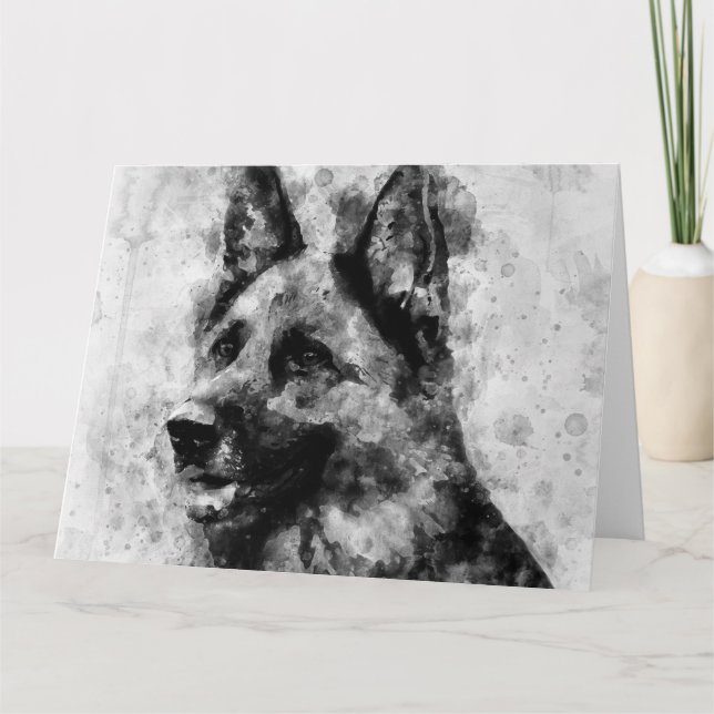 Cartão De Agradecimento Cachorro german shepherd Preto e Branco Aquarela (Frente)