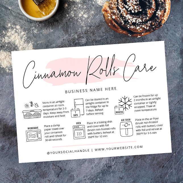 Cartão De Agradecimento Cachorros de canela Cuidados e Reaquecimento Guia  (Cinnamon rolls care and reheating instructions postcards with a modern blush pink watercolor design)