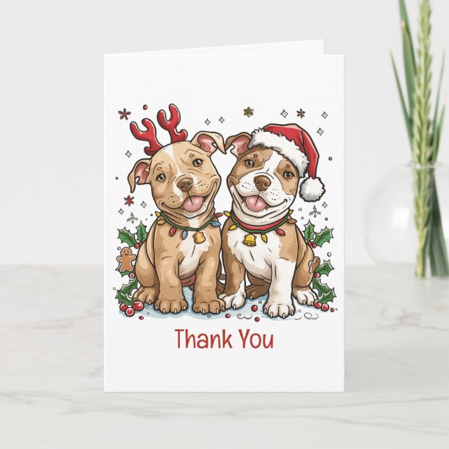 Cartão De Agradecimento Cães Pit Bull de Natal Obrigado (Frente)