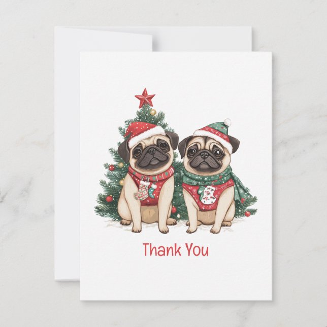 Cartão De Agradecimento Cães Pug de Natal Obrigado (Frente)