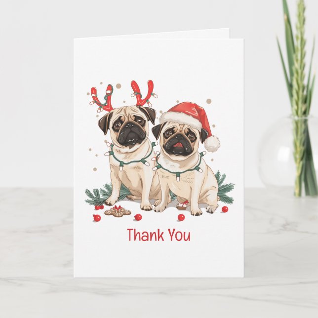 Cartão De Agradecimento Cães Pug de Natal Obrigado (Frente)