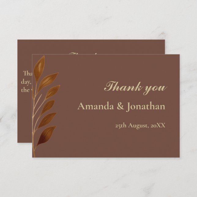 Cartão De Agradecimento Café Castanho e Dourado Casamento com Folha (Frente/Verso)