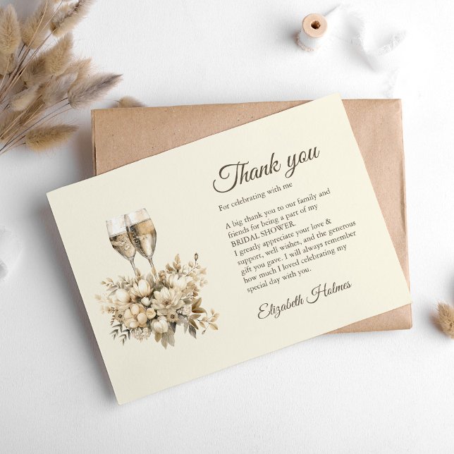 Cartão De Agradecimento Café da Manhã e Champagne com Flores Espumantes Ch (Brunch and Bubbly Champagne Flowers Bridal Shower Thank You Card on a boho white table.)