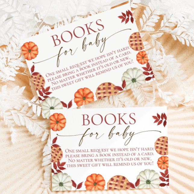 Cartão De Agradecimento Cair Pumpkin Book Request Baby Show Enclosure Card (Baby shower book request cards featuring watercolor pumpkins, pies, and red autumn leaves)