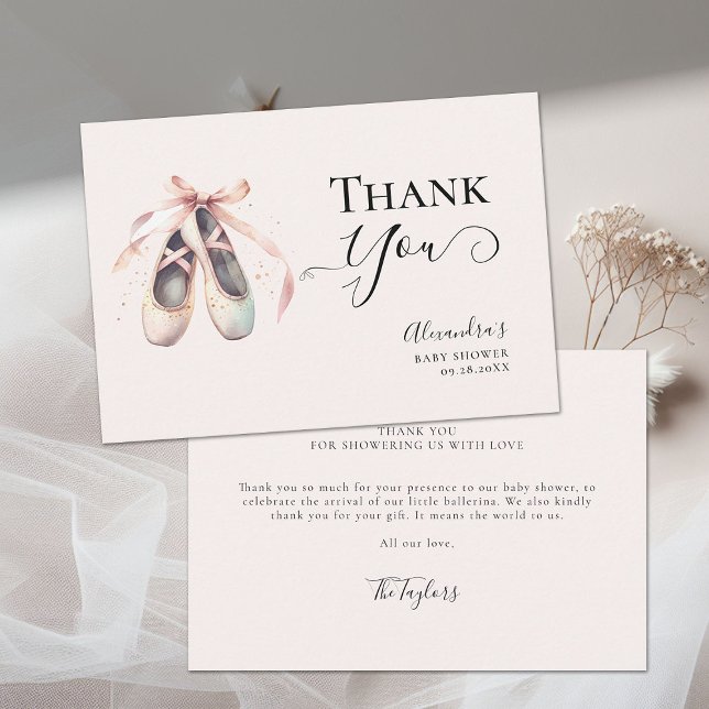 Cartão De Agradecimento Calçados Ballerina Arco Rosa, Dourada, Chá (ballerina baby shower thank you card ballet shoes pointe dance pink faux gold glitter elegant chic)