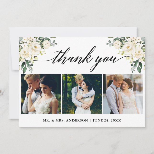 Cartão De Agradecimento Caligrafia Aquarela Floral Branco Foto de Casament (Frente)