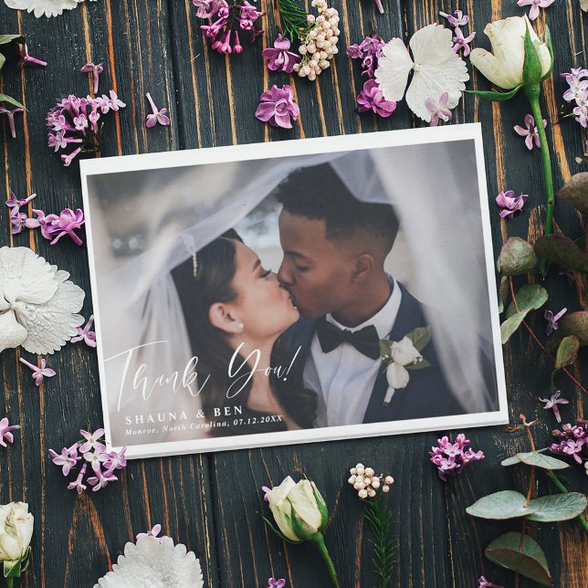 Cartão De Agradecimento Caligrafia Branca Sobreposição de Casamento 2 Foto (Criador carregado)