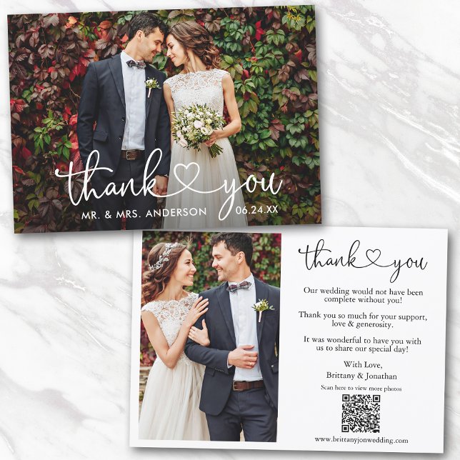 Cartão De Agradecimento Caligrafia Casamento Cardíaco Código QR 2 Foto (Add your wedding website link to the QR Code so guests can scan & view more of your photos online.)