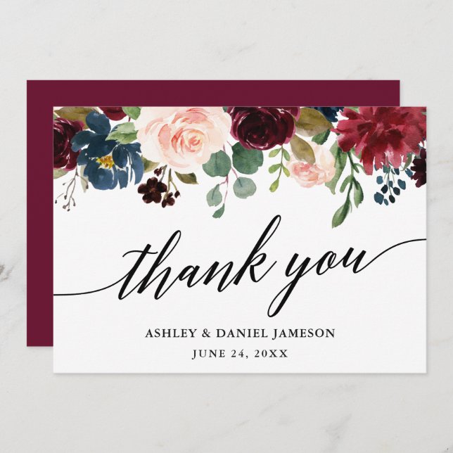 Cartão De Agradecimento Caligrafia de Casamento l Borgonha Blue Floral (Frente/Verso)
