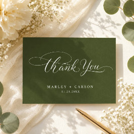 Cartão De Agradecimento Caligrafia de Roteiro Moderno Casamento Verde Oliv