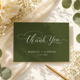 Cartão De Agradecimento Caligrafia de Roteiro Moderno Casamento Verde Oliv