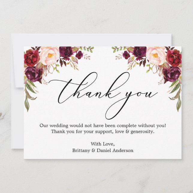Cartão De Agradecimento Caligrafia Elegante Aquarela Floral Burgundy (Frente)