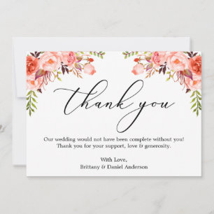 Cartão De Agradecimento Caligrafia Elegante Aquarela Floral Coral