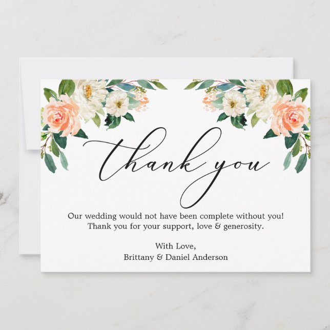 Cartão De Agradecimento Caligrafia elegante Coral Branco (Frente)