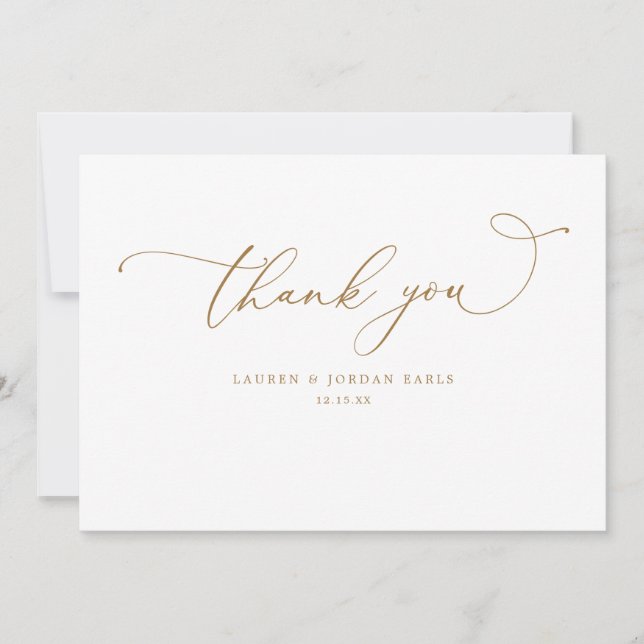 Cartão De Agradecimento Caligrafia Elegante Dourada Casamento (Frente)