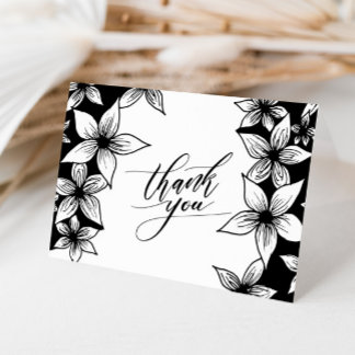 Cartão De Agradecimento Caligrafia Floral em Preto e Branco