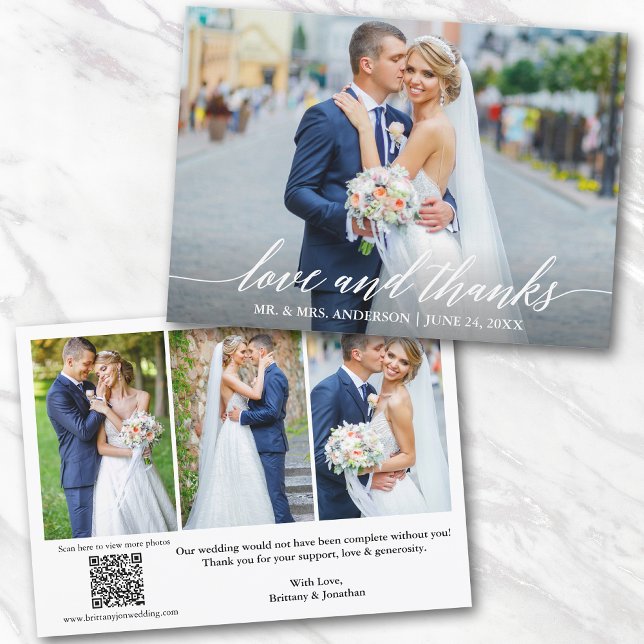 Cartão De Agradecimento Caligrafia Obrigados de Amor Código QR 4 Casamento (Add your wedding website link to the QR Code so guests can scan & view more of your photos online.)