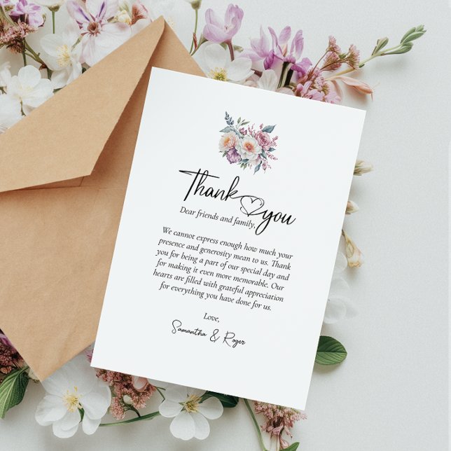 Cartão De Agradecimento Caligrafia Simples Flores De Aquarela (Cherish memories with our elegant wedding thank you card, a heartfelt gesture of gratitude.)