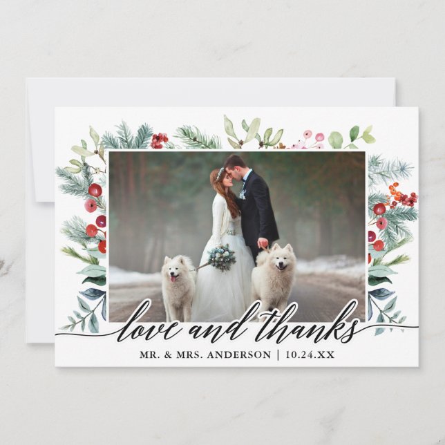 Cartão De Agradecimento Caligrafia Winter Greenery Love Obrigados Casament (Frente)