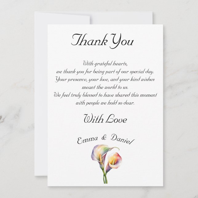 Cartão De Agradecimento Calla Aquarela Elegante Lírios Românticos (Frente)