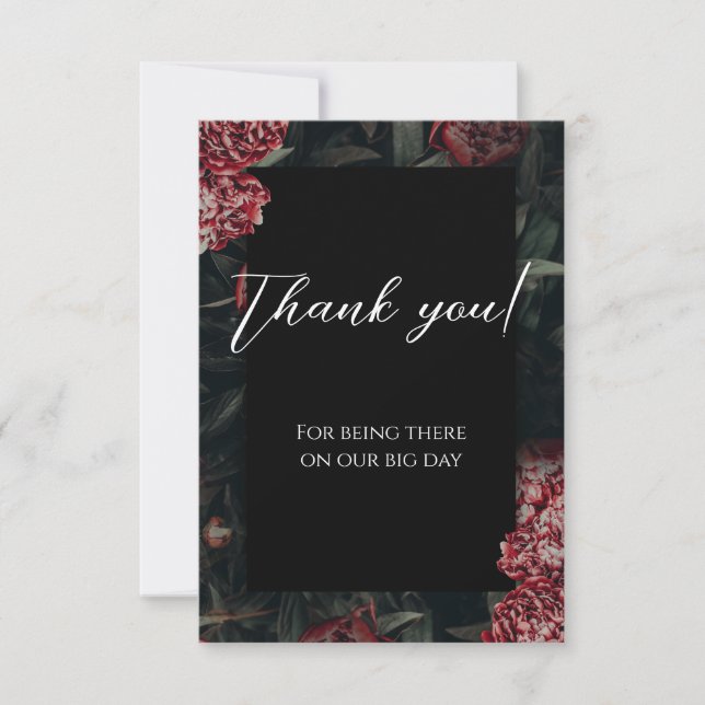 Cartão De Agradecimento Calligrafia Casamento Gótico de Peonia Floral (Frente)