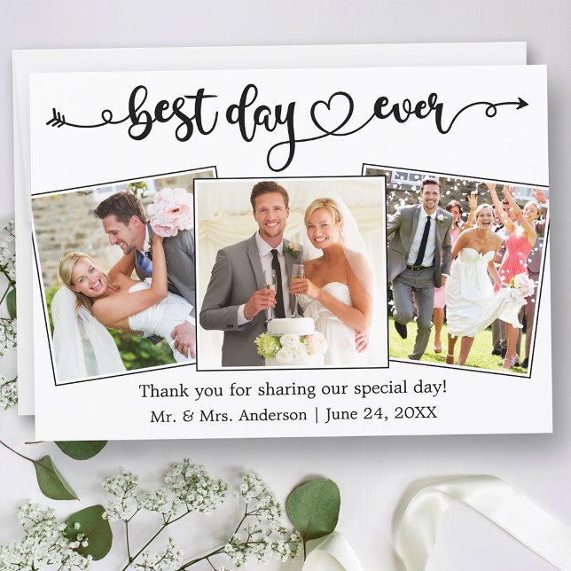 Cartão De Agradecimento Calligraphy Heart Best Day Ever 3 Photo Wedding (Customize to change your personalized text size or text style.)