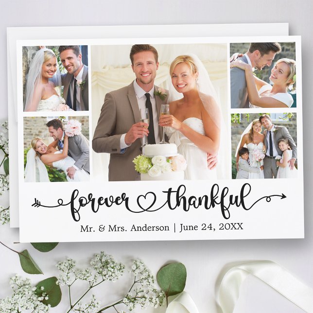 Cartão De Agradecimento Calligraphy Heart Forever Thankful 5 Photo Wedding (Customize to change your personalized text size or text style.)
