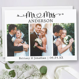 Cartão De Agradecimento Calligraphy Heart Mr. and Mrs. 3 Photo Wedding