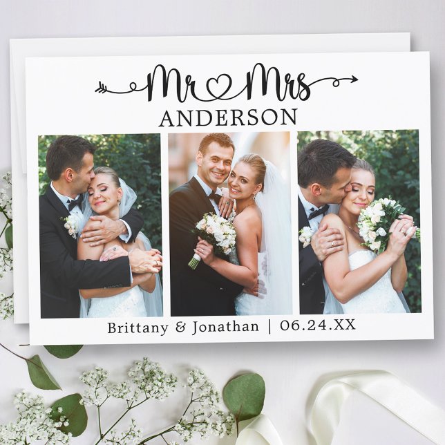 Cartão De Agradecimento Calligraphy Heart Mr. and Mrs. 3 Photo Wedding (Customize to change your personalized text size or text style.)