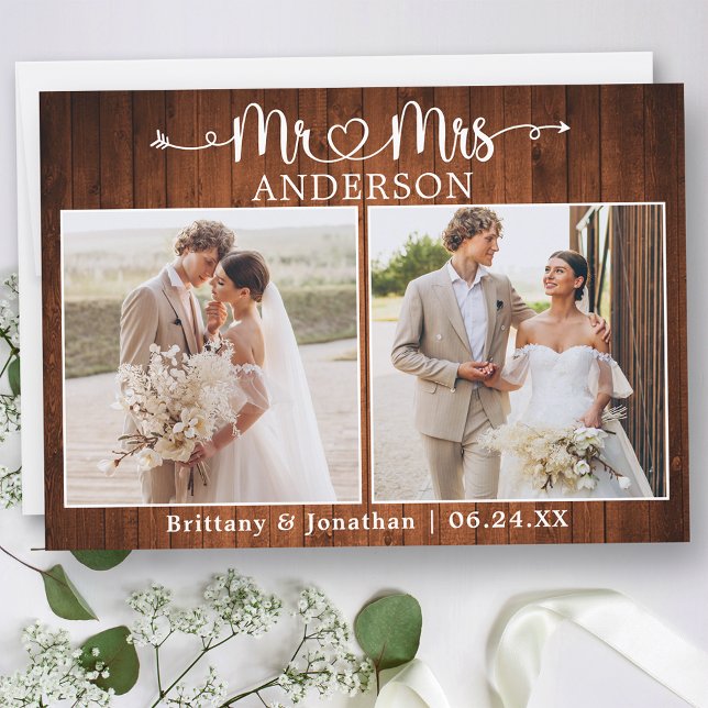 Cartão De Agradecimento Calligraphy Heart Mr. Mrs. 2 Photo Wedding Wood (Customize to change your personalized text size or text style.)