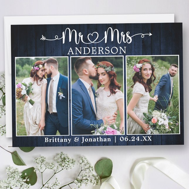 Cartão De Agradecimento Calligraphy Heart Mr. Mrs. Blue Wood Wedding (Customize to change your personalized text size or text style.)