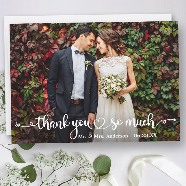 Cartão De Agradecimento Calligraphy Heart Wedding Photo (Customize to change your personalized text size or text style.)