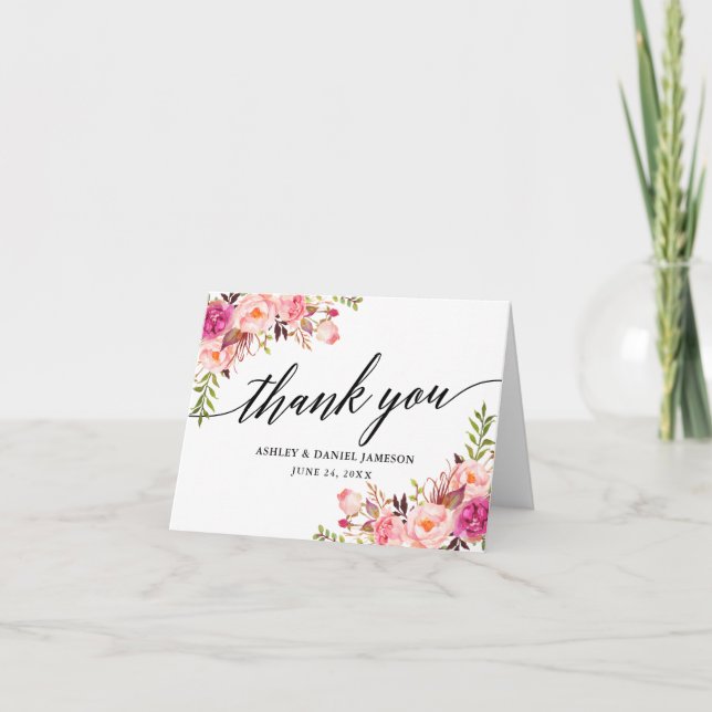 Cartão De Agradecimento Calligraphy Pink Blush Floral Wedding Note (Frente)