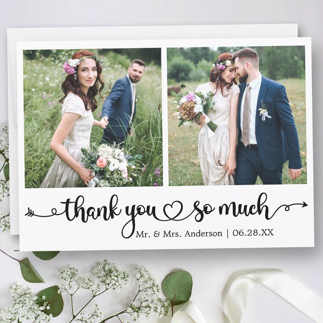 Cartão De Agradecimento Calligraphy Script Heart 2 Photo Wedding (Customize to change your personalized text size or text style.)