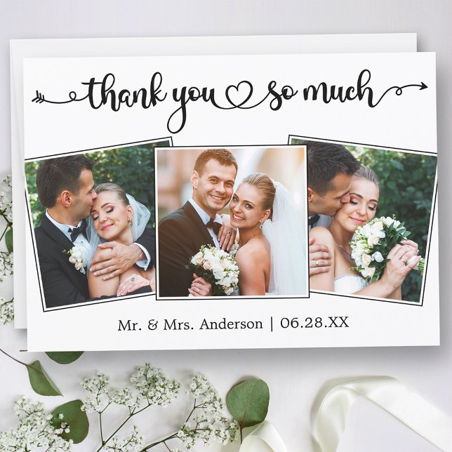 Cartão De Agradecimento Calligraphy Script Heart 3 Photos Wedding (Customize to change your personalized text size or text style.)