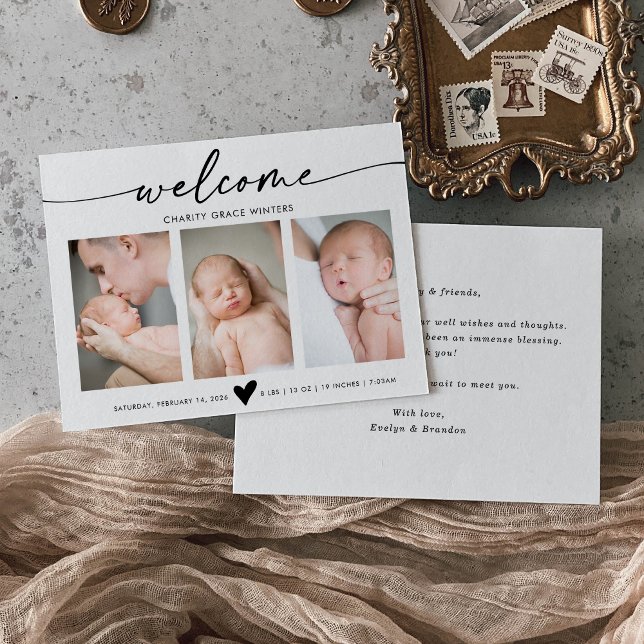 Cartão De Agradecimento Calligraphy Welcome Photo Baby Announcement Card (Criador carregado)