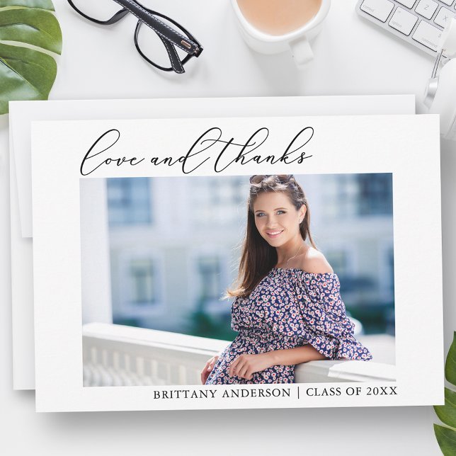 Cartão De Agradecimento Calliografia Ink Love e Obrigados Graduação de Fot (Customize to add text or more photos to back of card.)
