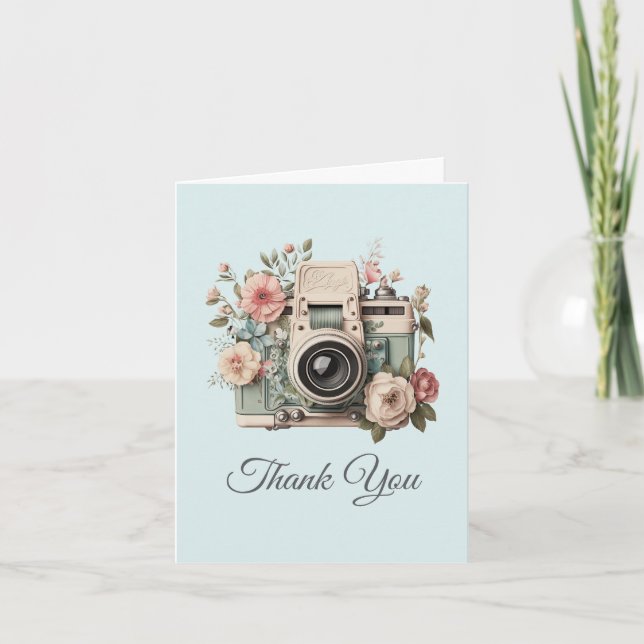 Cartão De Agradecimento Câmera com Imagem Pastel Retro de Flores (Frente)