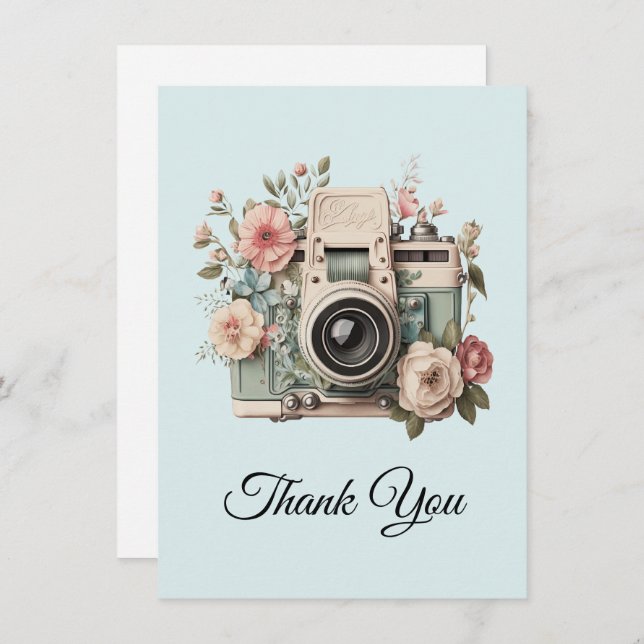 Cartão De Agradecimento Camera with Flowers Retro Pastel Image (Frente/Verso)