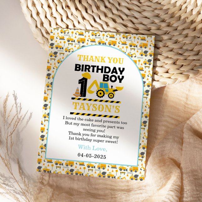 Cartão De Agradecimento Caminhão de Construção 1º Aniversário | Festa Infa (Criador carregado)