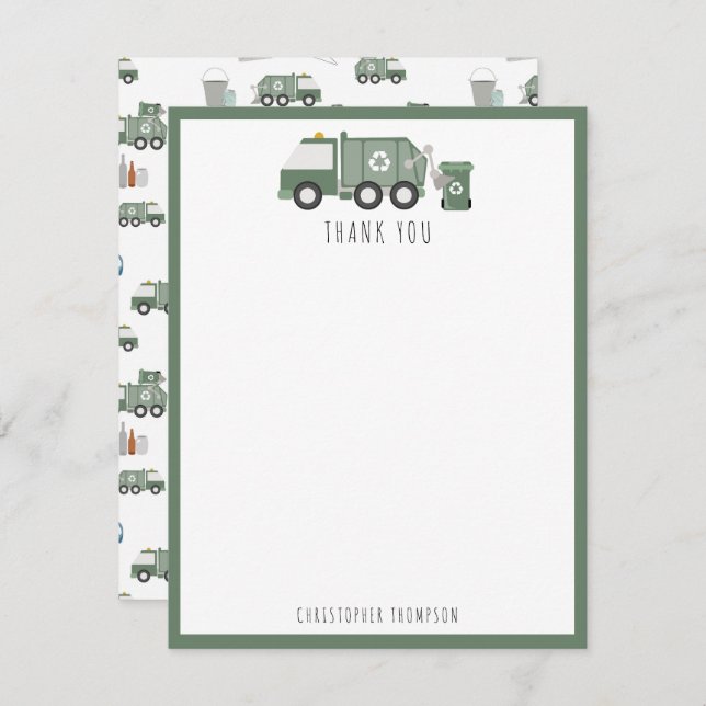 Cartão De Agradecimento Caminhões de reciclagem verde fofos nomes de veícu (Frente/Verso)